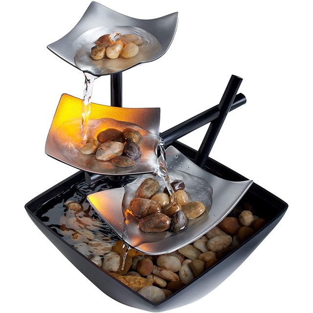 Fontaine de Relaxation Intérieure à 3 Niveaux, Pompe Automatique avec Interrupteur d'Alimentation, Bassin Extra Profond avec Pierres Naturelles de Rivière et Éclairage Réfléchissant