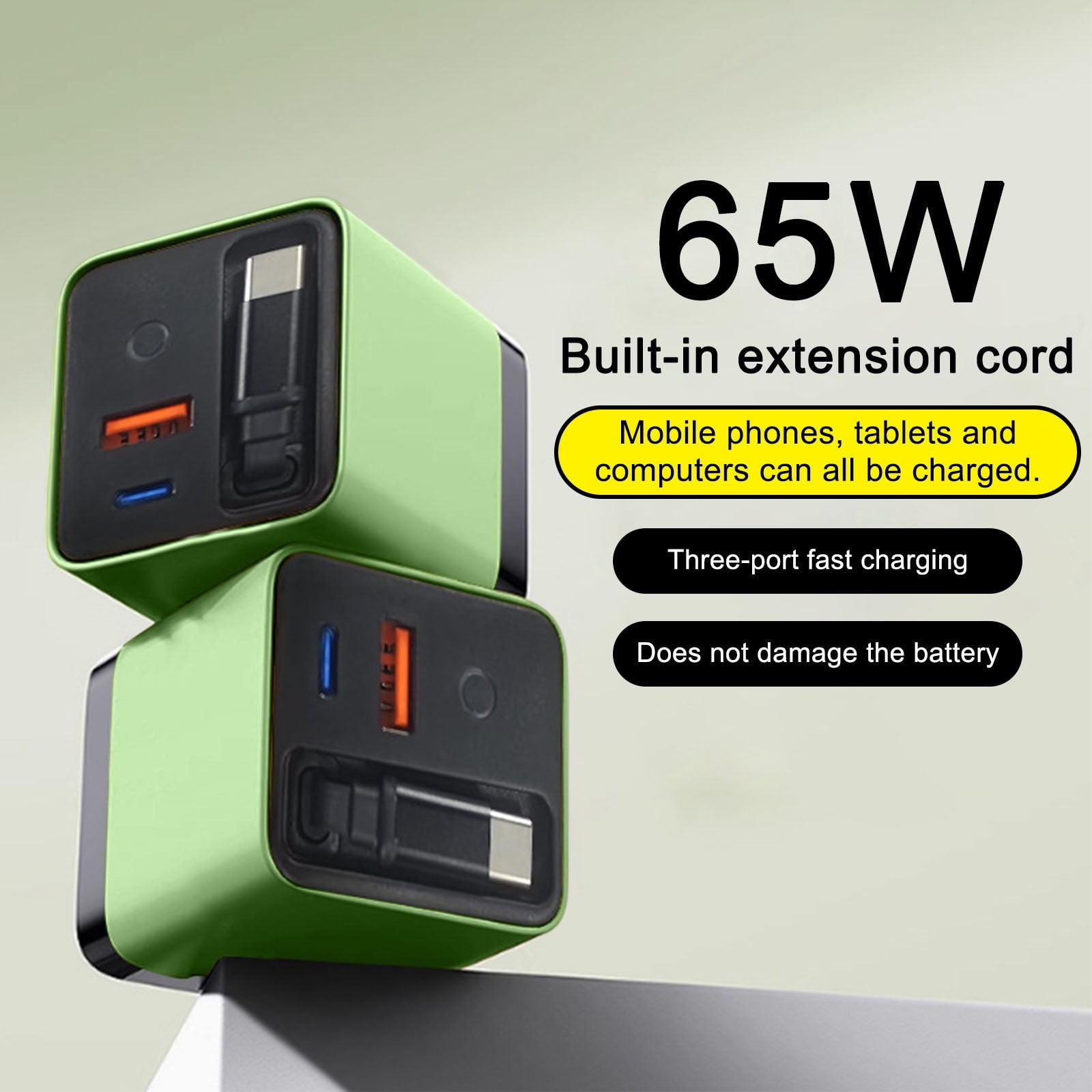 Retractable Phone Charger 3 in 1 Wall Plug 65W Fast Charging Type C Cable 2 USB Ports Foldable Portable Power Station for Laptop Phone Tablet Travel