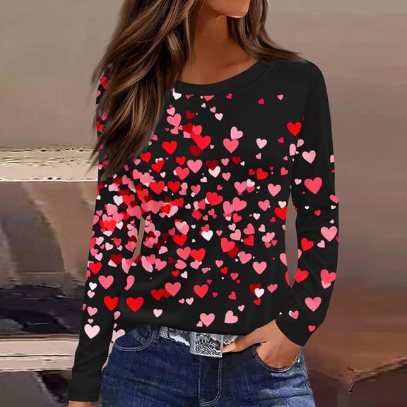 Gamivast Cute Tops for Women Women Valentines Day Tops Plus Size Love Heart Print Funny Crew Neck Blouse Loose 3/4 Sleeve Y2K Comfy Tee Shirts Spring Tunic Pullover