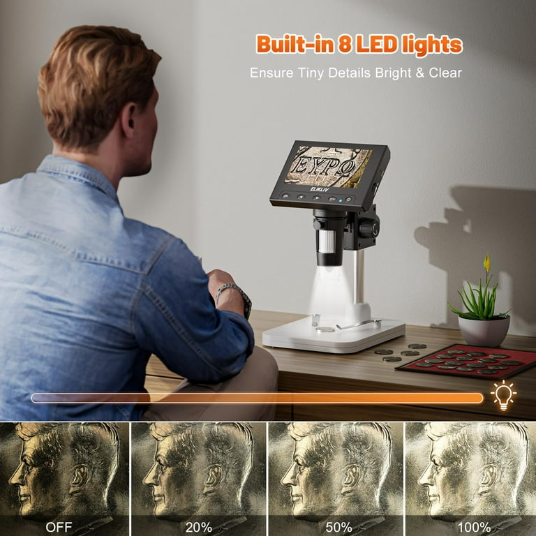 Elikliv EDM601 LCD Digital Microscope with 3 Lens, 7 Inch Coin
