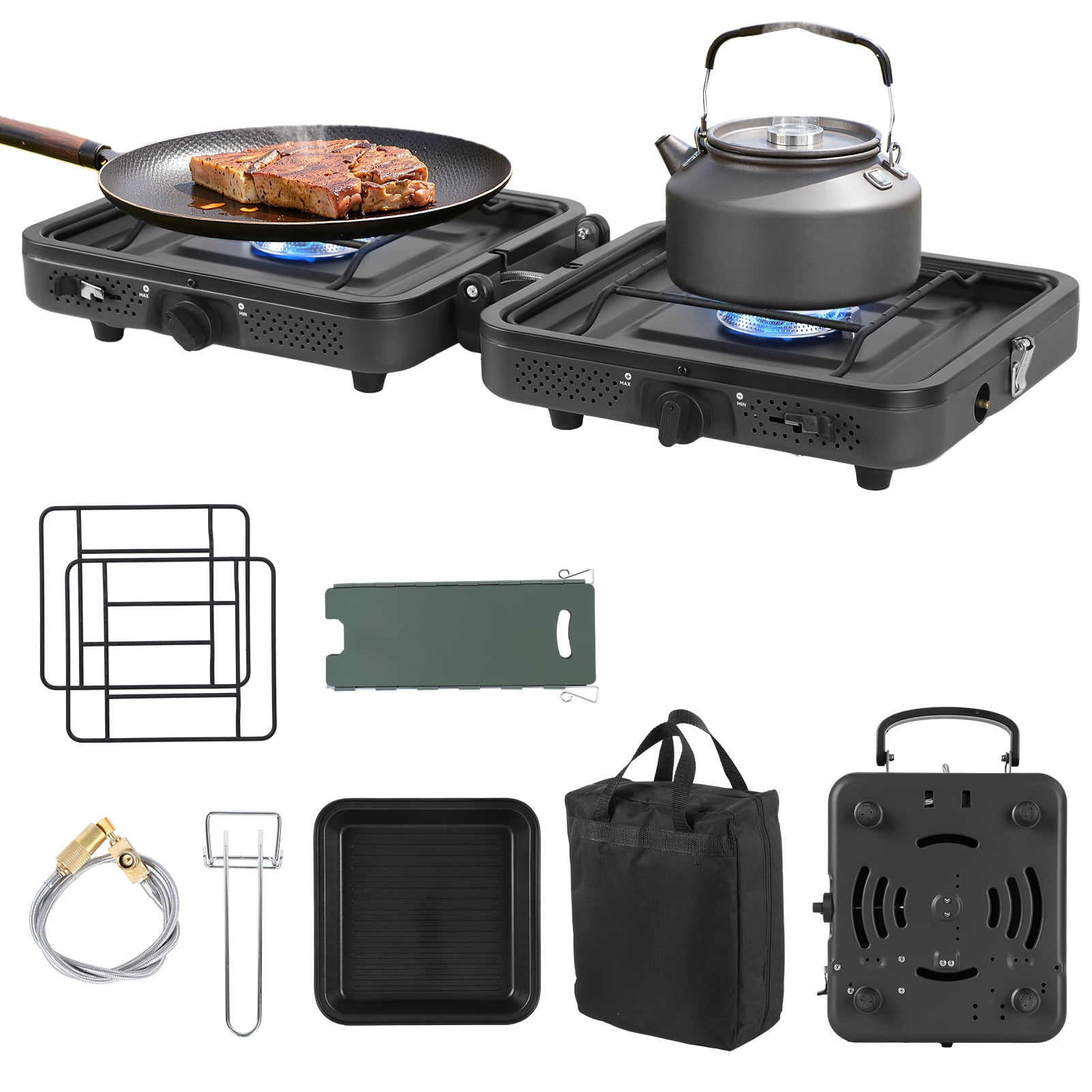 Eosunjian 2 Burner Camping Stove,Portable Folding Gas Stove with Windshield,Frying Pan, Carrying Bag 20000 Btu Propane Stove,Windproof Portable Stove _Green