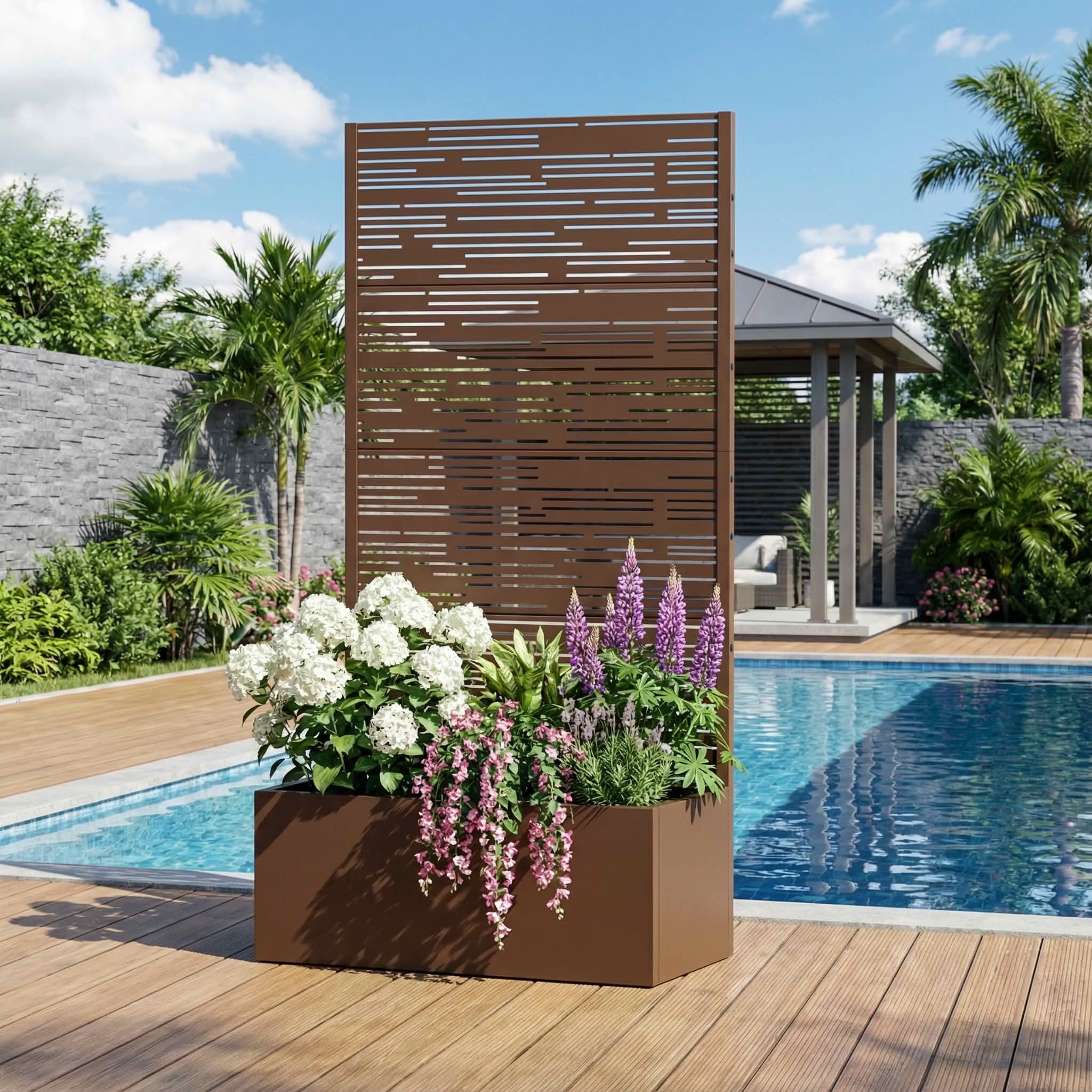 MAYEERTY 59X30" Metal Outdoor Brown Privacy Screen with Planter Box for Backyard & Garden, 4 Piece Set