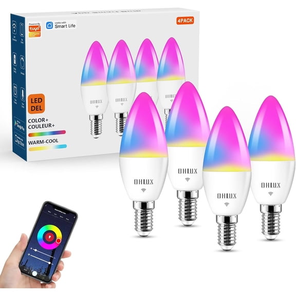 OHLUX E12 Led Bulb, Smart Light Bulbs for Chandelier/Home Decoration, Color Changing Candelabra Bulbs Work with Alexa, Google Assistant, 2.4Ghz Only, 4 Pack