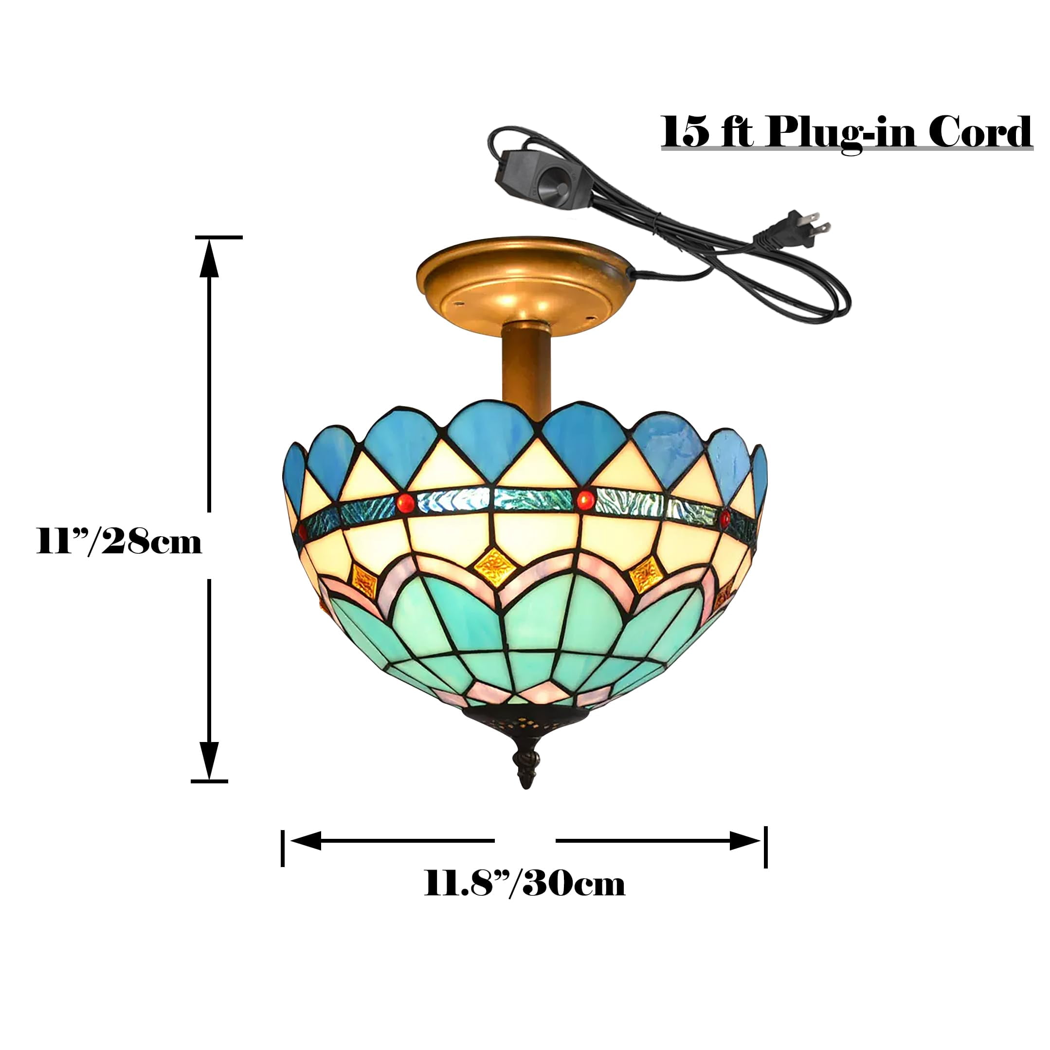 Kiven 11.8in Plug-in Flush Mount Ceiling Light Fixture, 2-Light Anti Glare Close to Ceiling Light with 15FT Cord, Tiffany-Style Glass Chandelier Dimmable for Bedroom Kitchen Hallway(No.3193)