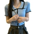 thumbnail image 3 of Blouse Tricotée à Boutons, Manches Courtes, Col Rabattu, pour Femmes, Été, Rendez-Vous, 3 of 8