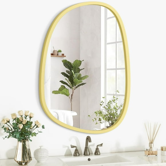 shiyou-Wood Frame Mirror Asymmetrical Irregular Wall Mirror Unique Shape Modern Mirror Wall Mounted Vanity Artistic Mirror Decorative for Living Room Bedroom Bathroom Entryway Hallway Small 14"x10"