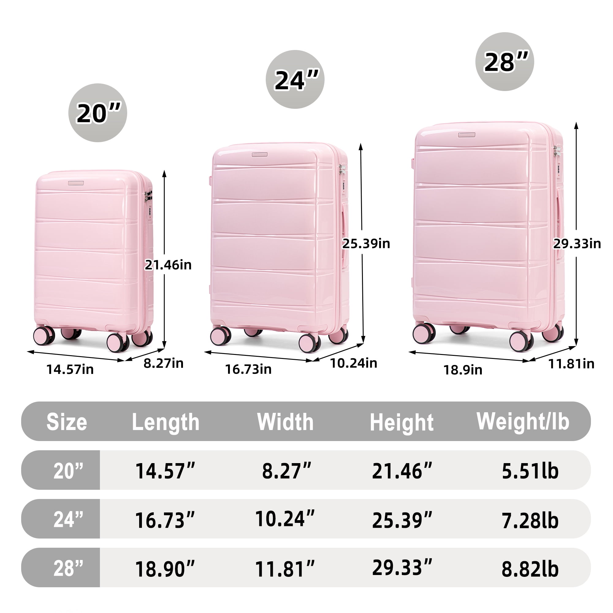 Alvantor 3 Piece Hardshell Luggage Set PP Hardside Suitcase with Iron Telescopic Handle Side Hook 20"24"28"(Pink)