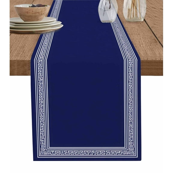 ERUNPONLY Navy Blue Geometric Table Runner - 70 Inch Long White Greek Key Farmhouse Cotton and Linen Blended Dress Scarves Farmhouse Table Runner for Kitchen Dining, Coffee Table, 13" x 70"