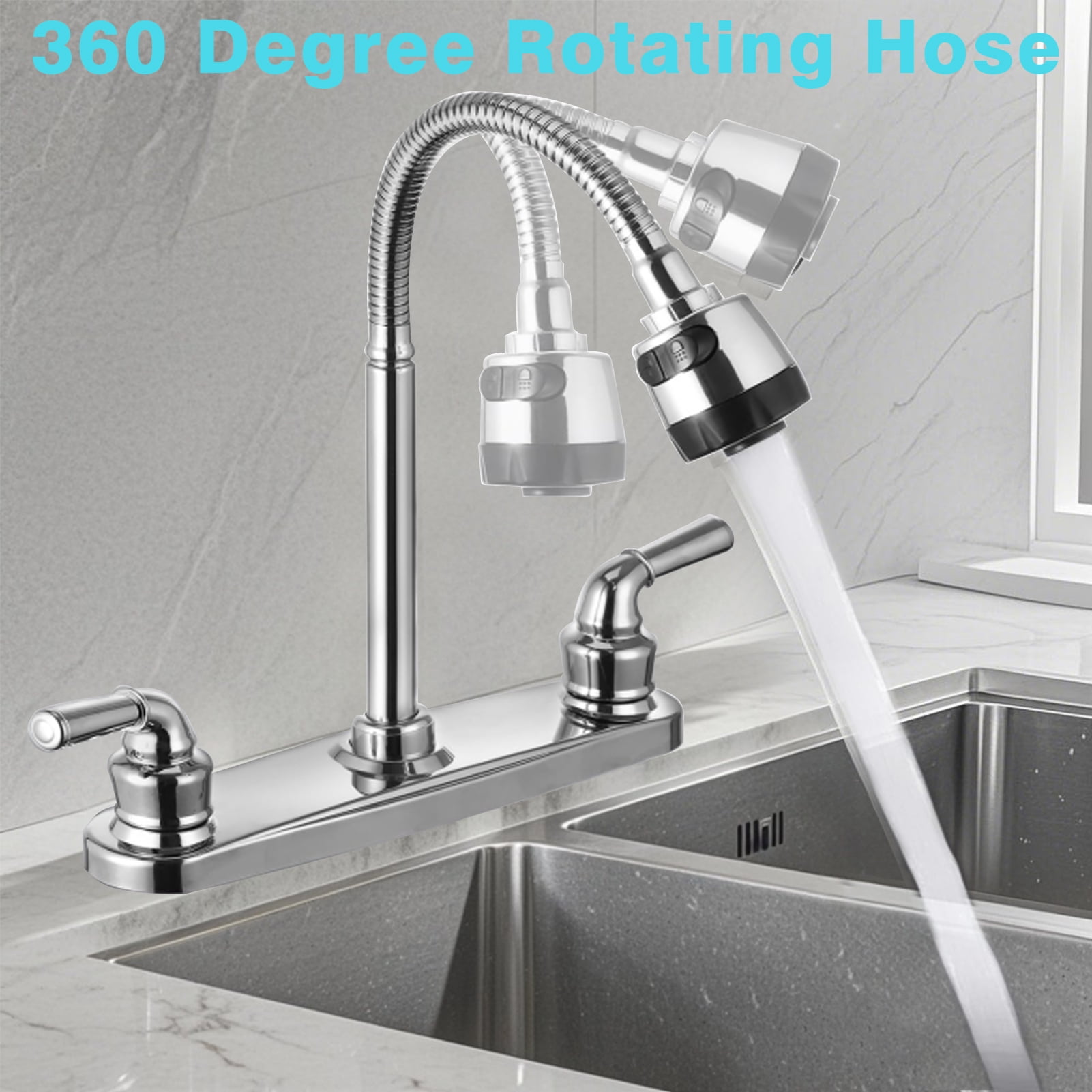 RV Kitchen Faucet, Non-Metallic Camper Kitchen Sink Faucet 8 Inch 2 Hole Double Handles with Flexible Arch 360 Degree Rotatable Spout for Campers, Motorhome, Travel Trailer, Chrome
