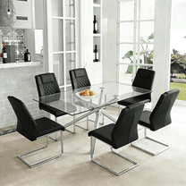 LUFTUT 63" L Glass Dining Table Set for 6, Modern Rectangular Tempered Glass Table, X-Base Silver Chrome Legs, 6 Black PU Leather Chairs for Dining Room