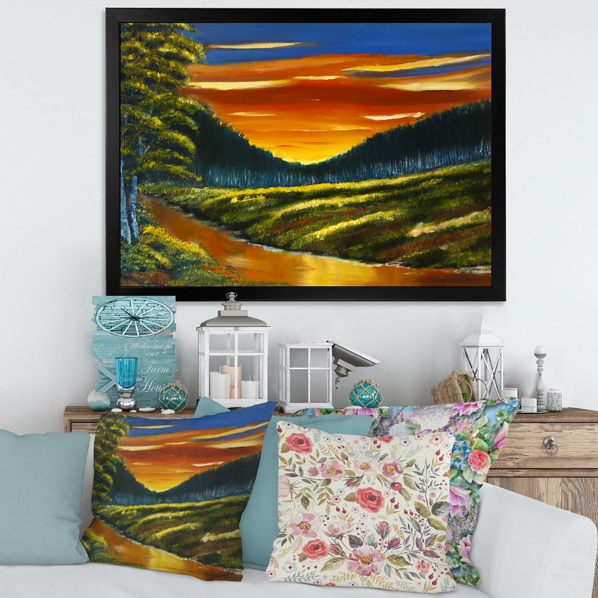 Designart 'Warm Coloured Sunset Glow Above The Lotus Swamp' Traditional Framed Art Print
