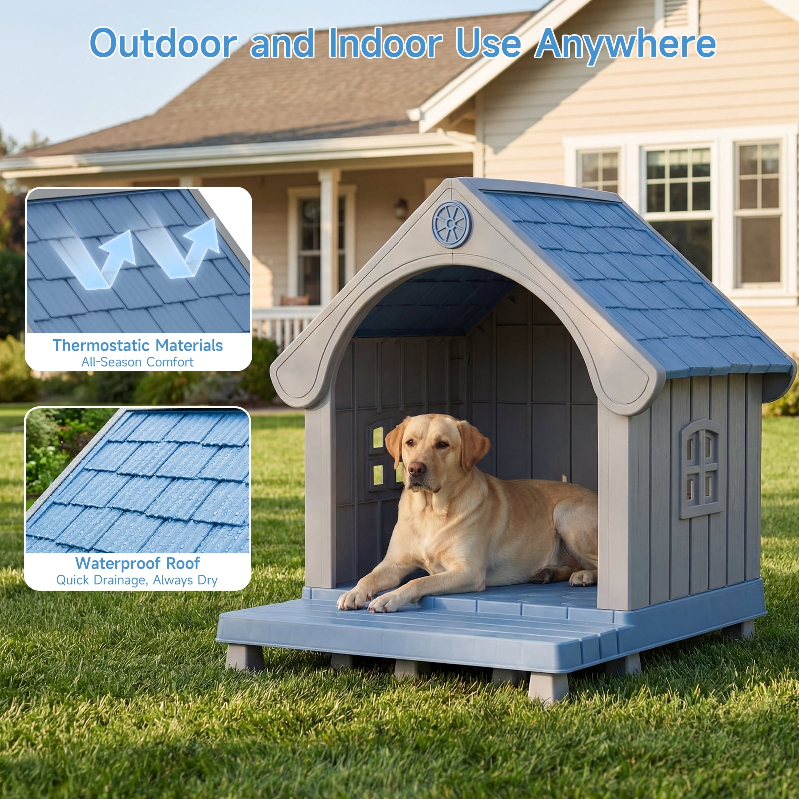 Dovov Plastic Dog House with Elevated Floor and Air Vents, Waterproof Doghouse Indoor Outdoor Dog Kennel with Porch, Large Puppy Shelter, Blue Gray