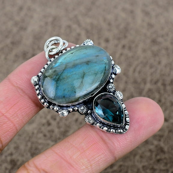 925 Sterling Silver Labradorite, Iolite Gemstone Jewelry Pendant 2.05"