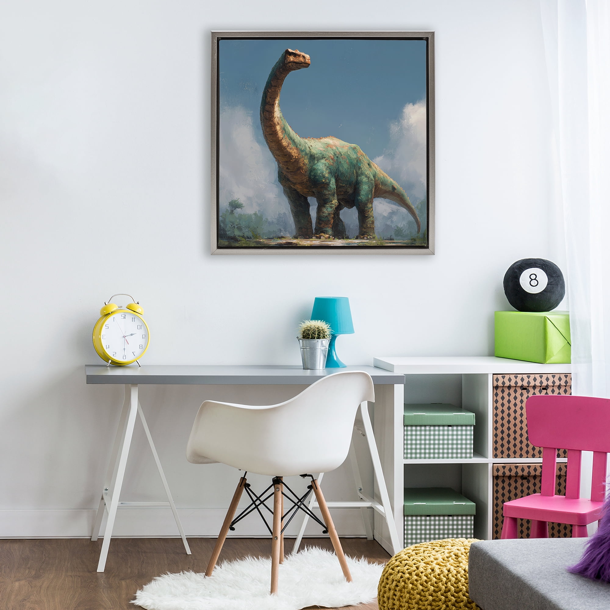 Stupell Industries Colossal Brontosaurus in Meadow Gray Framed Floater Canvas Wall Art, design by Wumples