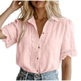 thumbnail image 2 of Mifsaly Button Down Shirts Women Crochet Lace Trim Elegant Business Casual Tops Short Sleeve V Neck Collar Blouses for Work office Summer Vacation Outfits Pink,M, 2 of 6