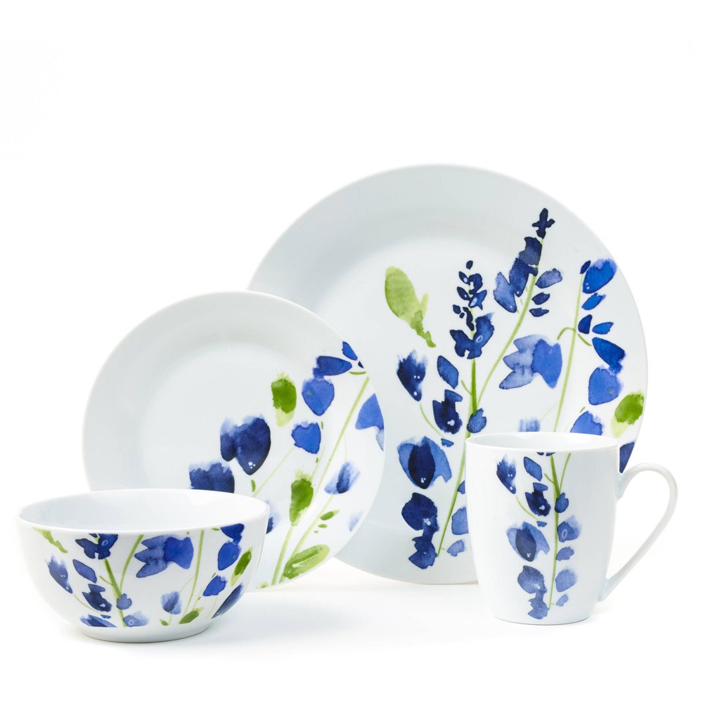 Romantic Garden Collection 16-Piece Porcelain Dinnerware Set, Blue