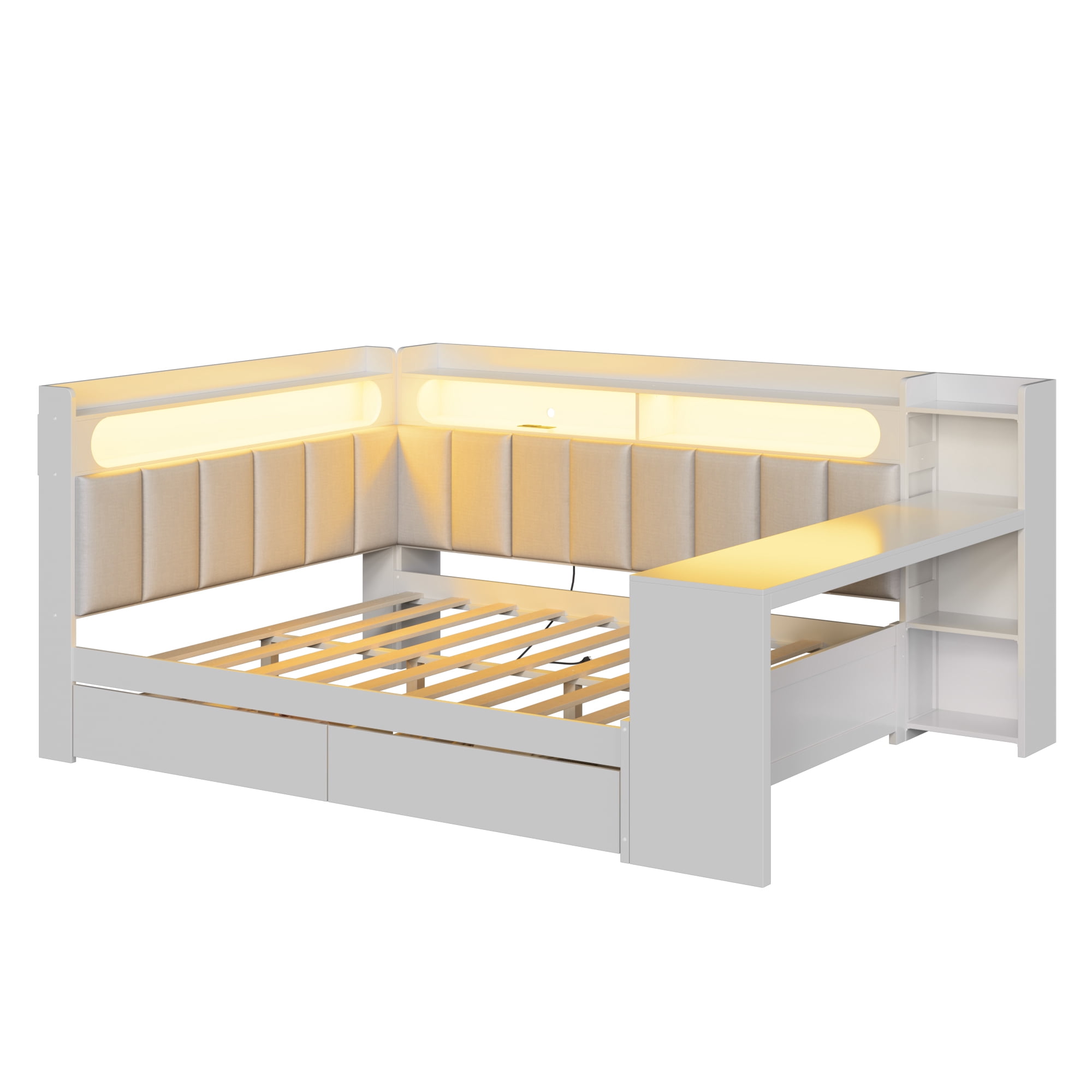 Euroco Wood Full Size Daybed with Storage Desk and Shelves, Bed with Upholstered Headboard and Backrest, LED Light, USB Ports and Drawers, White