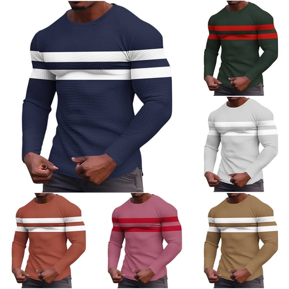 RongHuan Big and Tall Shirts for Men Colorblock Long Sleeve Waffle T-Shirt Crew Neck Pullover Striped Shirt for Husband Boyfriend
