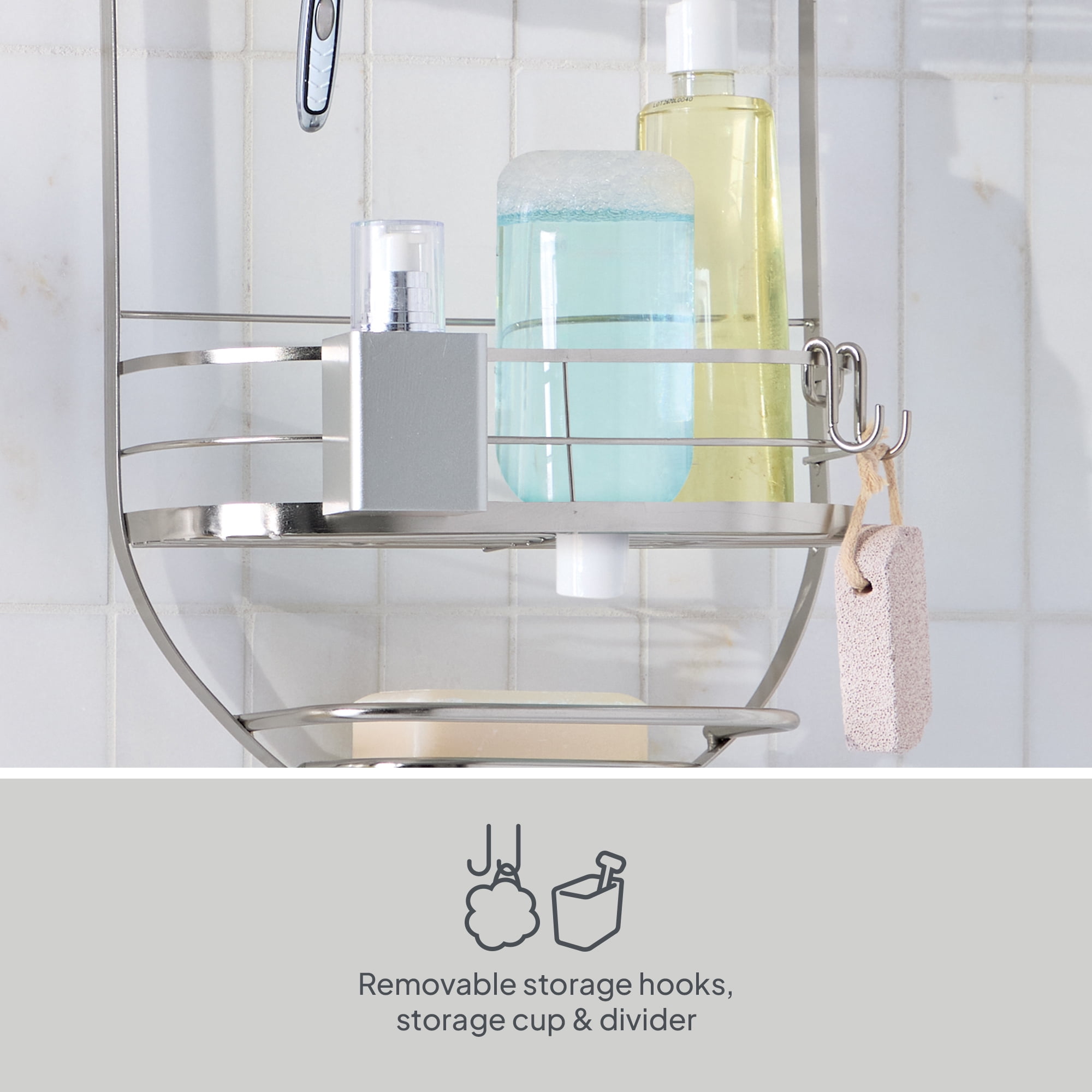 Better Homes & Gardens 2-Shelf Oval Hanging Shower Caddy with Soap Tray, Satin Nickel