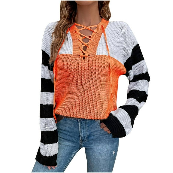 Womens Fall Fashion 2022! QLEICOM Sweaters for Women, Women's V- Neck Stripe Splicing Recreational Pullover Knitting Sweater Long Sleeve Tops On Clearance