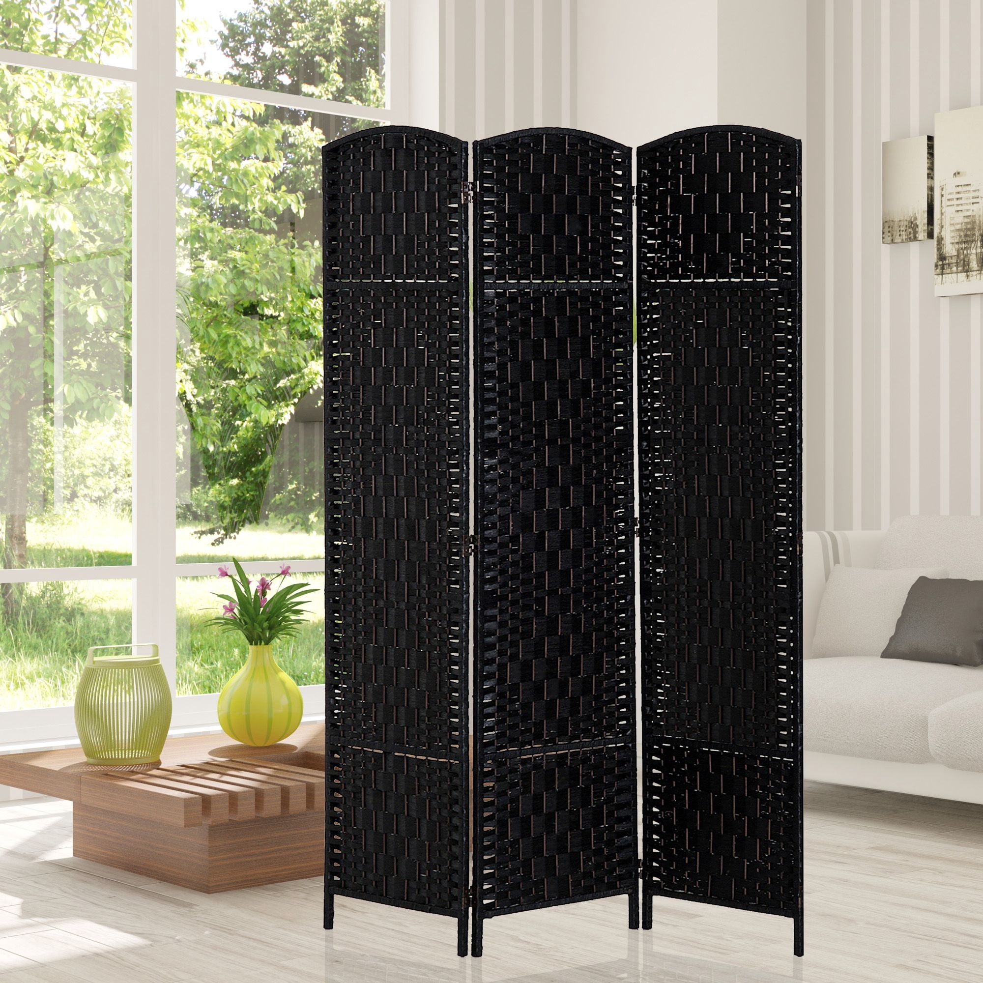 Dranite 3-Panel Folding Room Divider, 6FT Tall Portable Wicker Weave Privacy Screen, Black Partition Wall for Bedroom Home Office