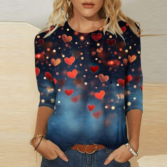 Valentine T Shirts, Women Heart Tees, Womens 3/4 Sleeve Tops Casual Fashion Women's Casual Crewneck 3/4 Sleeved Tees Ladies Loose T Shirt Tops Blouses Shirts