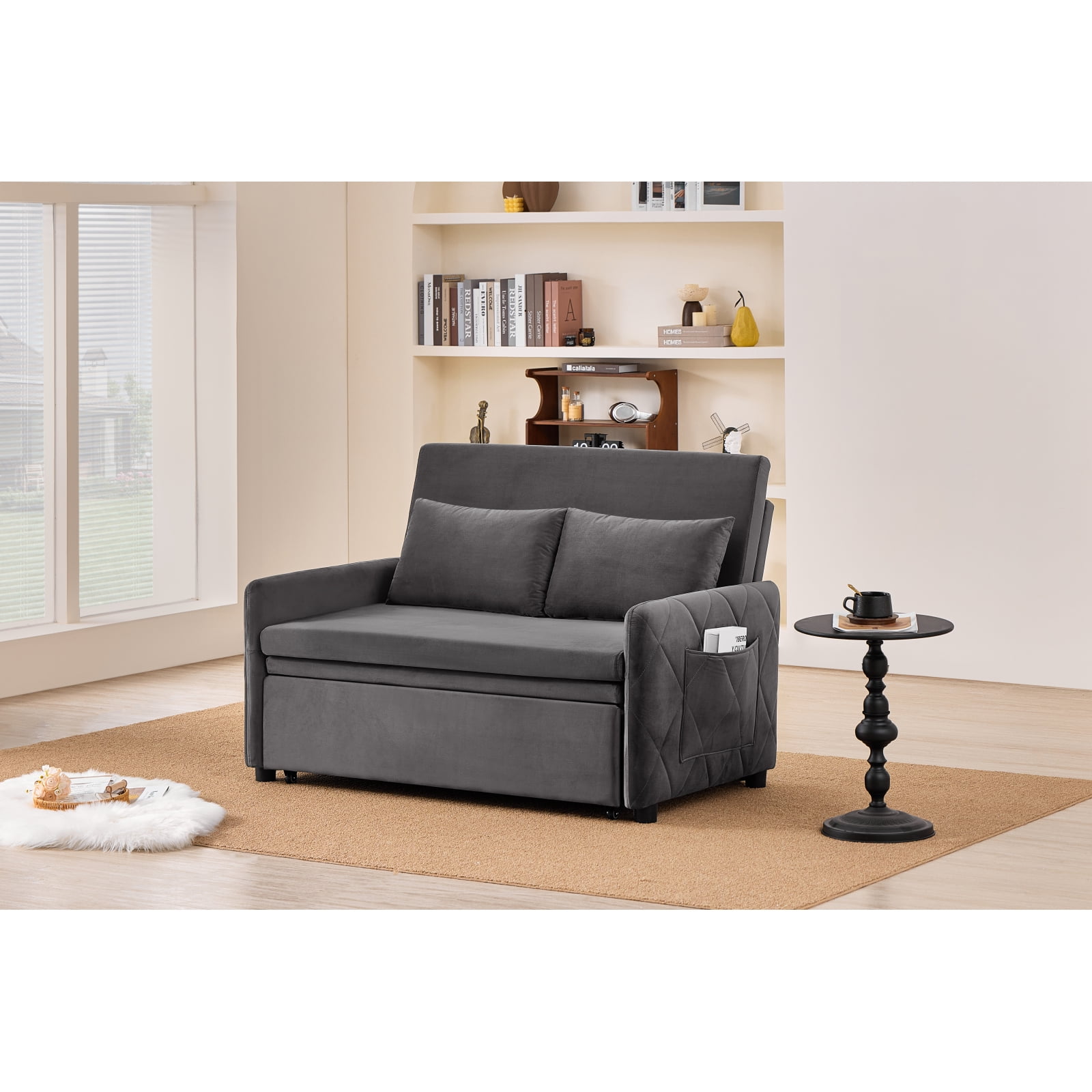 Leumius 3 in 1 Convertible Sleeper Sofa Bed, Modern Convertible Sofa Bed with 5-Position Adjustable Backrest,Velvet Pull Out Couch with Pull Out Bed for Living Room Furniture,Gray