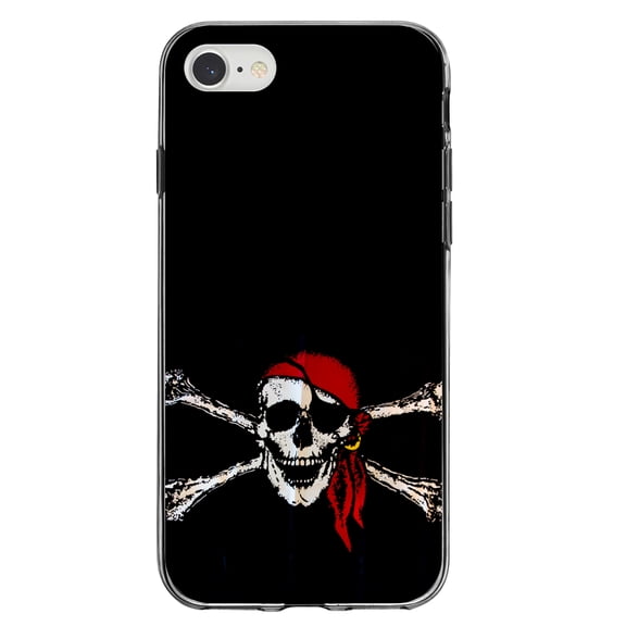 DistinctInk Clear Shockproof Hybrid Case for iPhone 7 8 SE (2020 Model) 4.7" Screen TPU Bumper Acrylic Back Tempered Glass Screen Protector - Black Red Pirate Flag