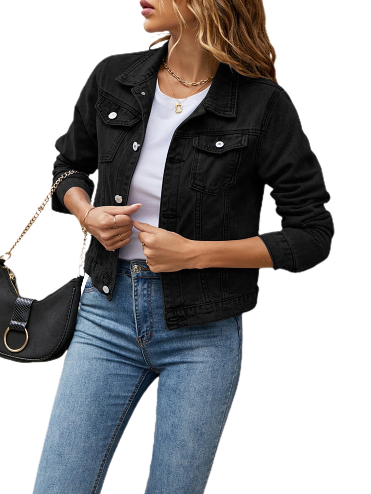 CenturyX Women's Denim Jackets Oversize Long Sleeve Solid Color