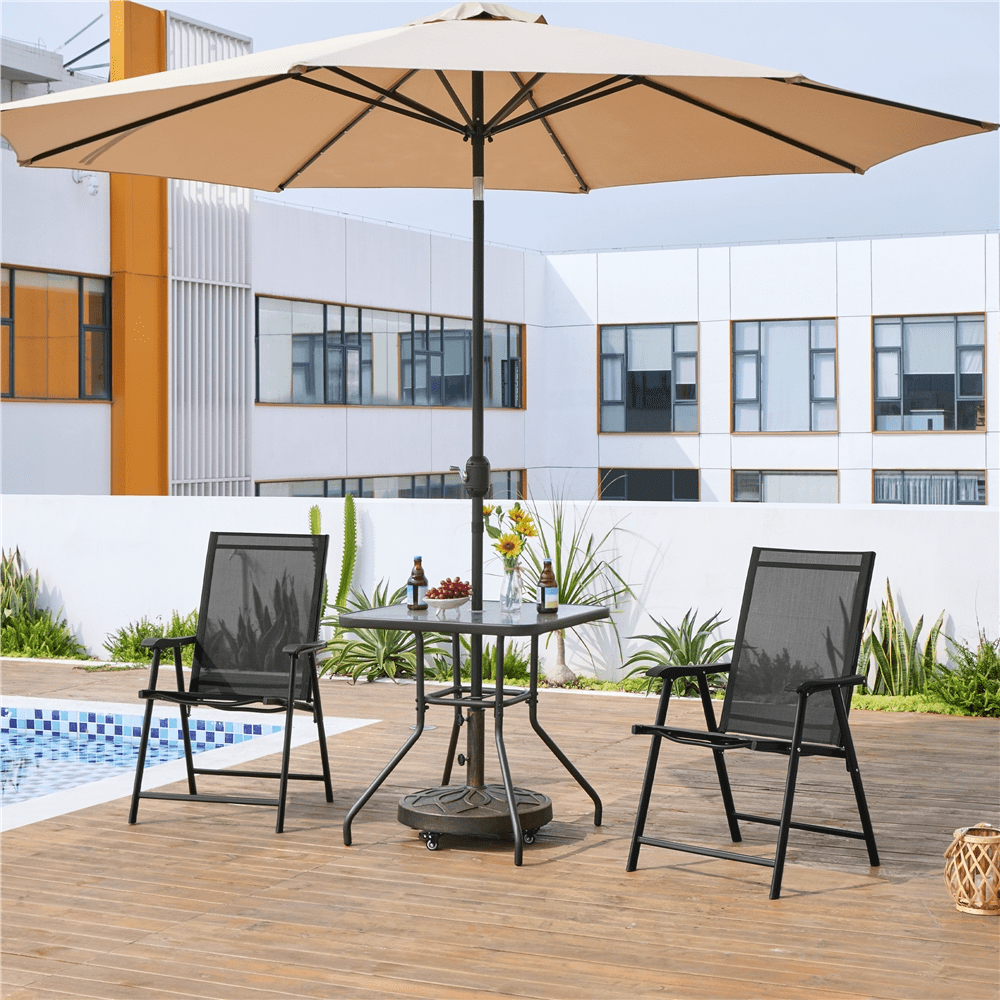 Renwick Outdoor Texteline Folding Dining Chairs with Backrest, Set of 4, Black