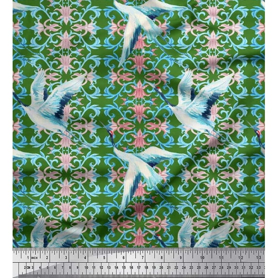 Soimoi Cotton Jersey Fabric Floral Damask & Stork Bird Printed Craft Fabric by the Yard 58 Inch Wide