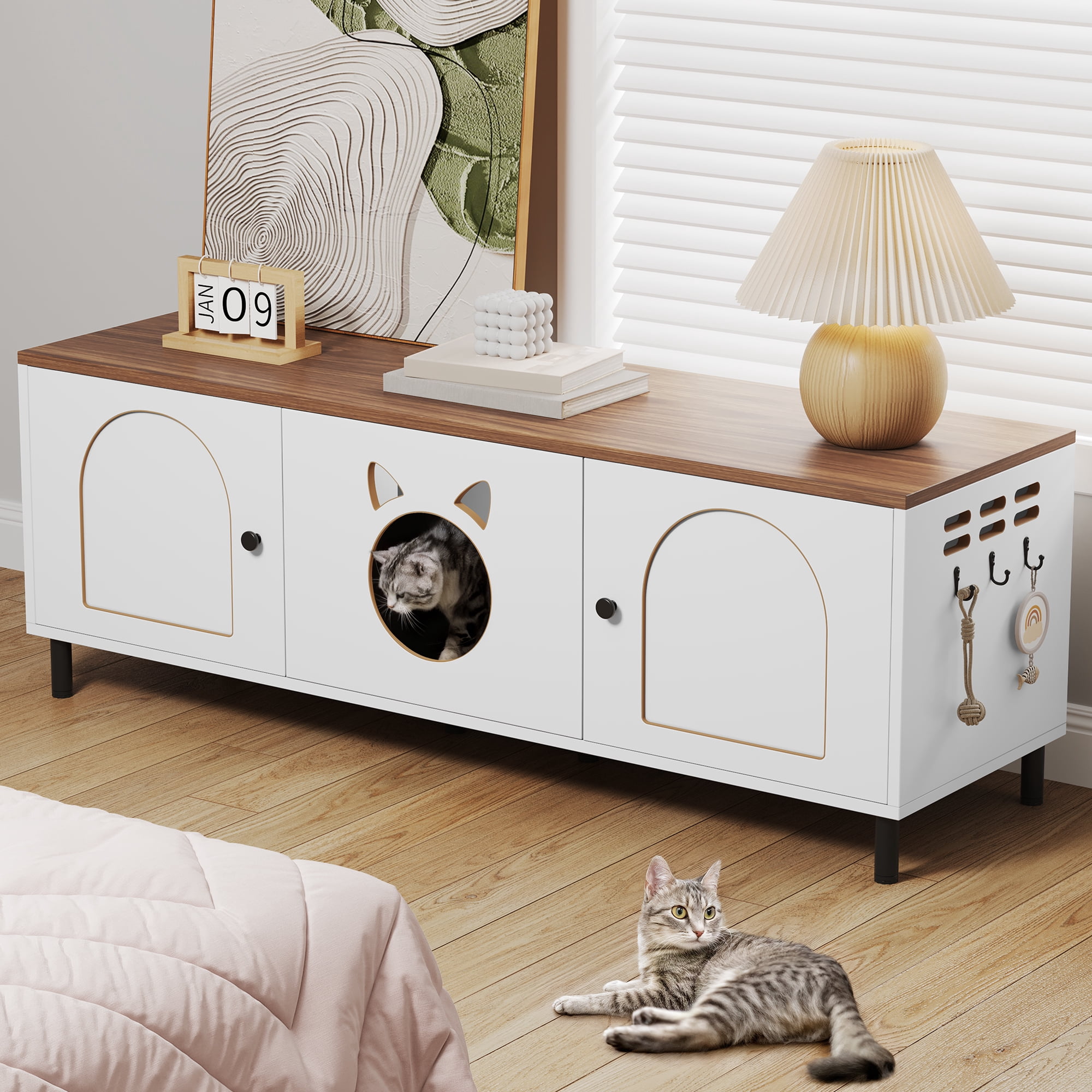 Uforic Cat Litter Box Enclosure with Legs, Wooden Cat Litter Box Furniture with Double Room for 2 Cats, White