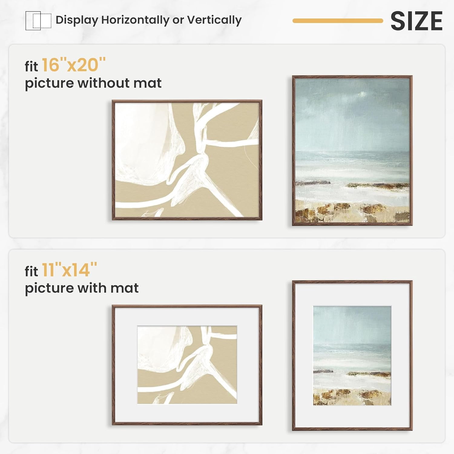 16x20 Picture Frame, Display Pictures 11x14 with Mat or 16x20 Without Mat, Wall Hanging Photo Frame, Walnut, 3 Pack