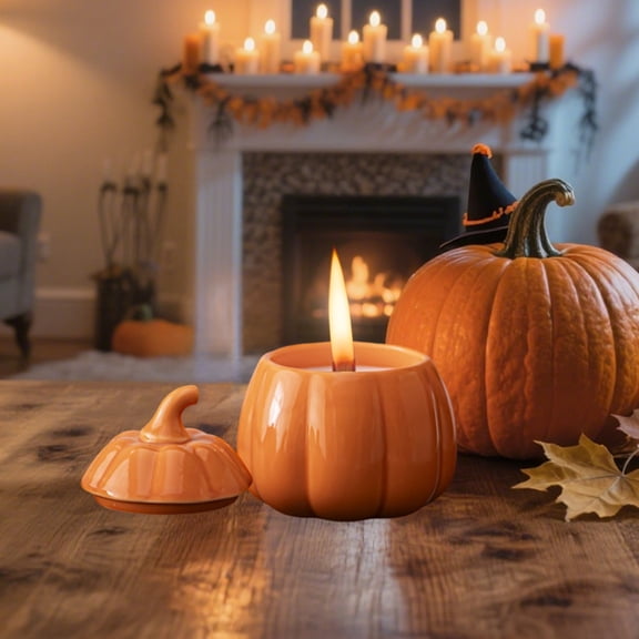 Ceramic Pumpkin Jar with Lid & Candle Holder, 2 in 1 Pumpkin Shaped Tea Candy Canister, Multi Purpose Storage Bowl for Thanksgiving Halloween Party Home Kitchen Table Decor, Orange