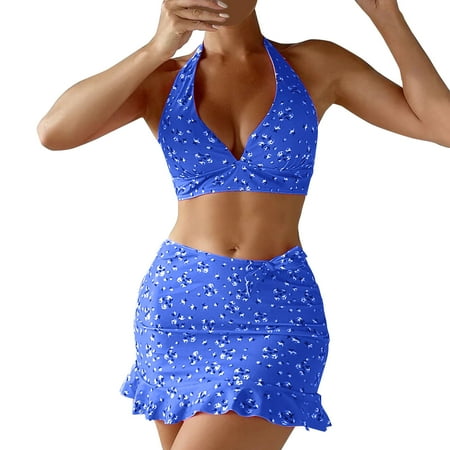 Rigardu Hot Sale!! Women s 3 Piece Bathing Suit High Cut Floral Halter Bikini Sets Swimsuit with Cover Up Skirt Beach Cover Up Boho Shorts Swimwear Set for Female Beach Swim Wear Blue S