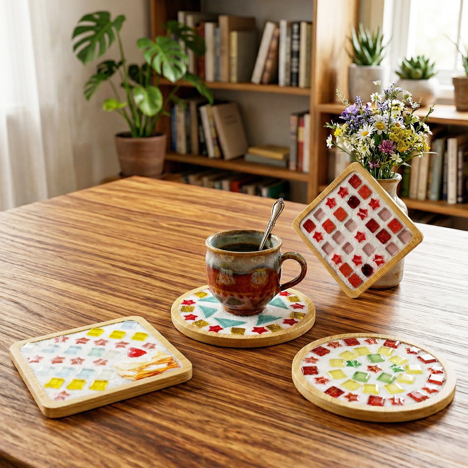 Austok 4Pcs DlY Mosaic Tile for Craft Mixed Color Glass Tile Kit with Bamboo Cup Pad for Adult DlY Cup Pad Kit Mosaic Supply for Handmade Home Decoration Present (Square and Round)
