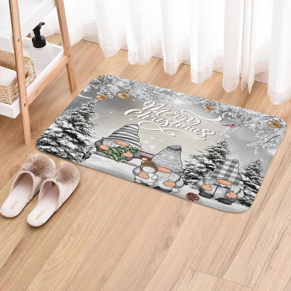 Winter Christmas Bath Mat, Funny Xmas Grey Gnome in Snowfield Snowflake Bath Rug for Bathroom, Pine Tree Covered With Snow Rustic Winter Holiday Bath Mat Soft Non Slip Bath Rugs, 16X24IN