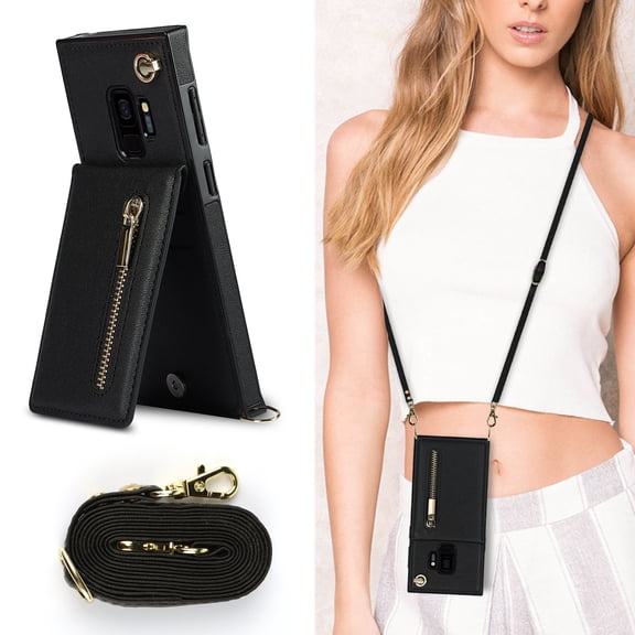 Crossbody Wallet Case for Samsung Galaxy S9 with Card Holders RFID Shockproof Cover, Back Magnetic Flip Kickstand Zipper Slot Case, PU Leather Cover Handbag Shoulder Strap Phone Case,Black