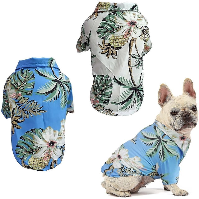 2 pcs Dog T-shirt Summer Seaside Hawaiian Resort Style Printed Dog T-shirt Blue And White (L)