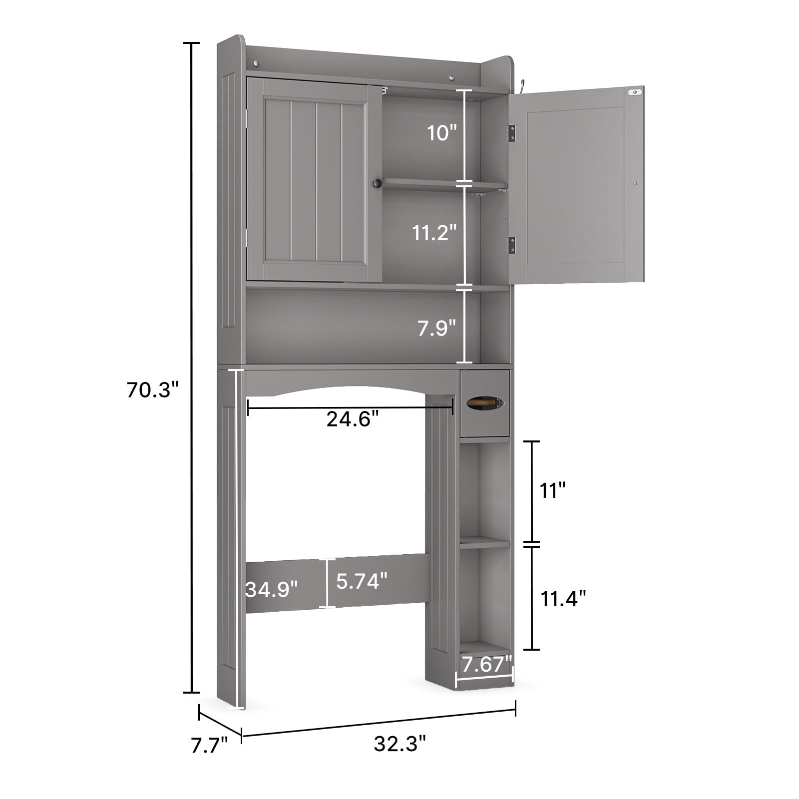 Noelse  Over the Toilet Storage Cabinet, Over Toilet Bathroom Organizer with 2 Doors, Adjustable Shelves, Toilet Paper Holder, 2 Side Hooks, Space-Saver for Bathroom, Laundry, Gray