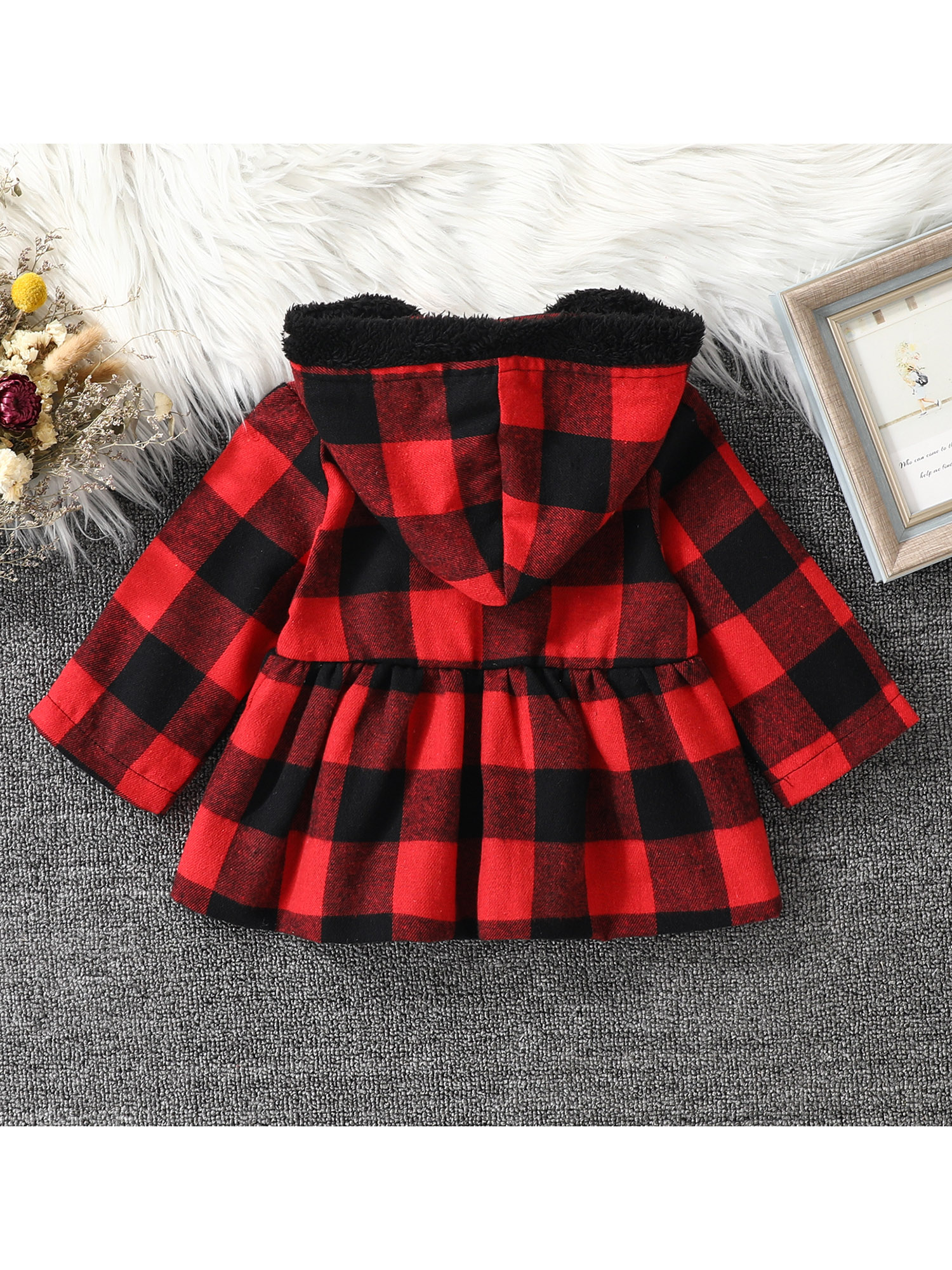 Gwiyeopda Toddler Baby Girls Hooded Coat Plaid Print Long Sleeves Horn Button Closure Autumn Winter A-Line Jacket - image 3 of 6
