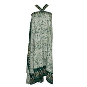 Mogul Silk Sari Wrap Around Skirt Green Two Layer Reversible Printed Magic Skirts