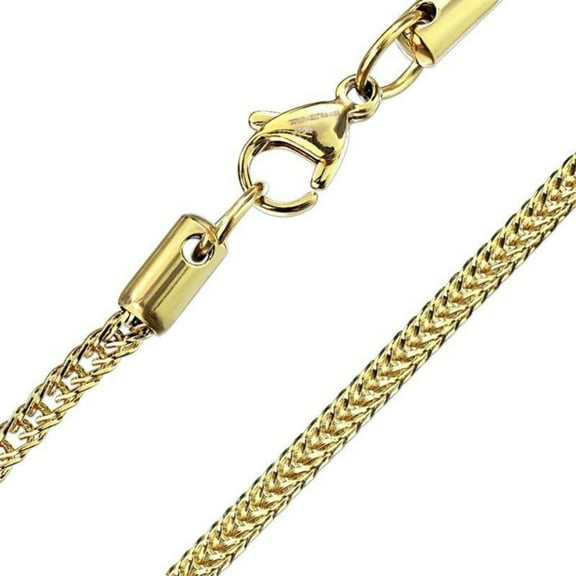 Spiga Franco Wheat Chain Necklace Gold PVD Plated Stainless Steel 2.3mm 19in Unisex Fantasy Forge Jewelry