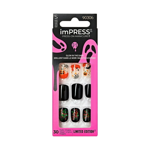 KISS imPRESS Press-On Manicure Halloween, Black, Short Length, Square Shape, 'Take a Bite', 33 Ct.