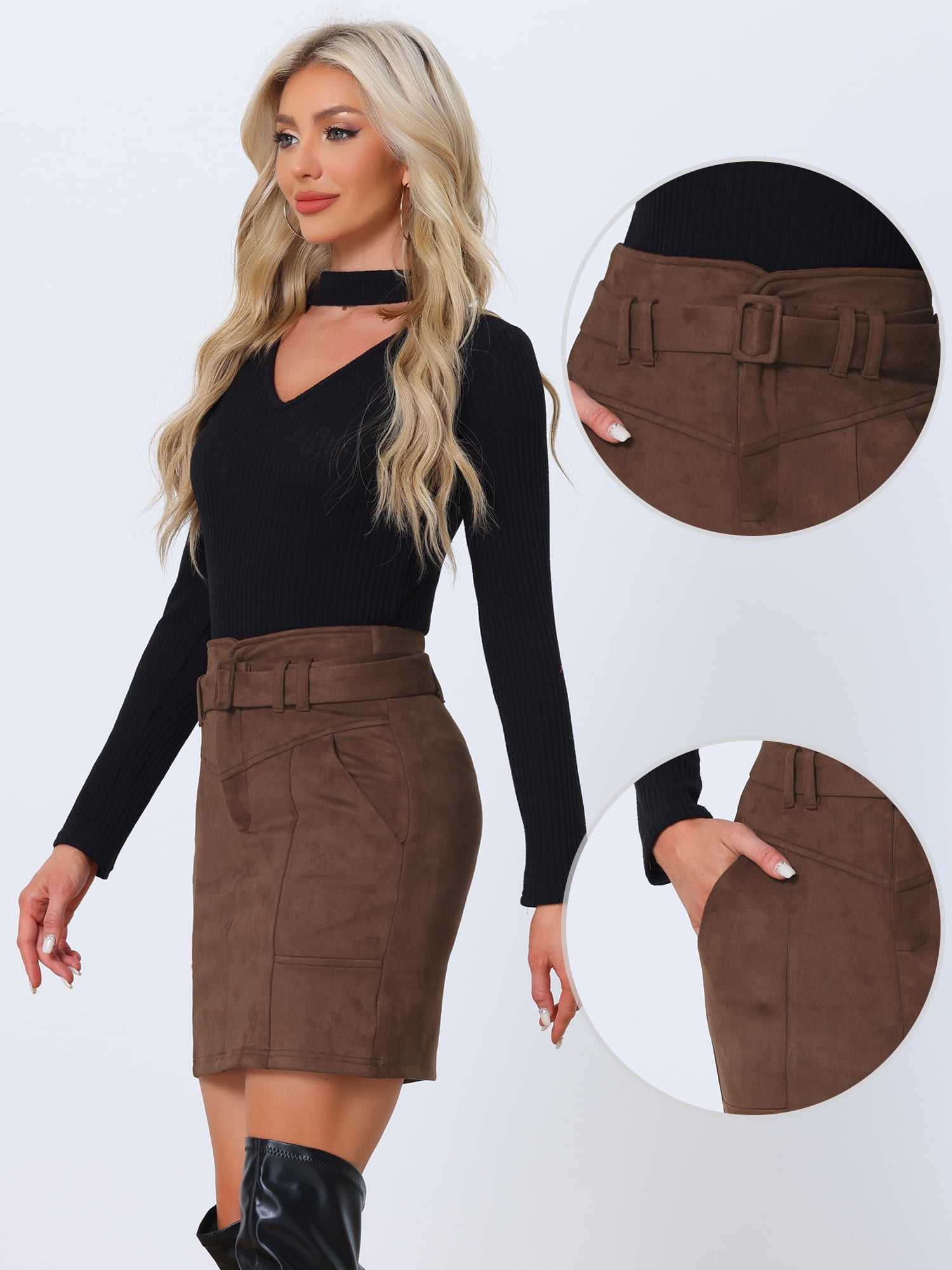DARING DIVA Women's Faux Suede Skirt Belted Pencil Skirts M Dark Brown
