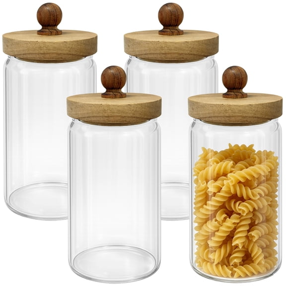 4 Pcs Glass Food Storage Jars, 30 oz Glass Canisters with Airtight Acacia Wood Lids, Clear Food Storage Jars for Coffee Beans, Nuts, Spices, Candy, Loose Leaf
