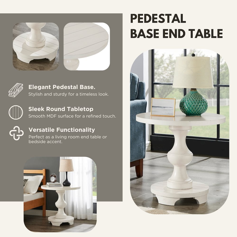 Roundhill Furniture Caesar Traditional Round Pedestal End Table, White