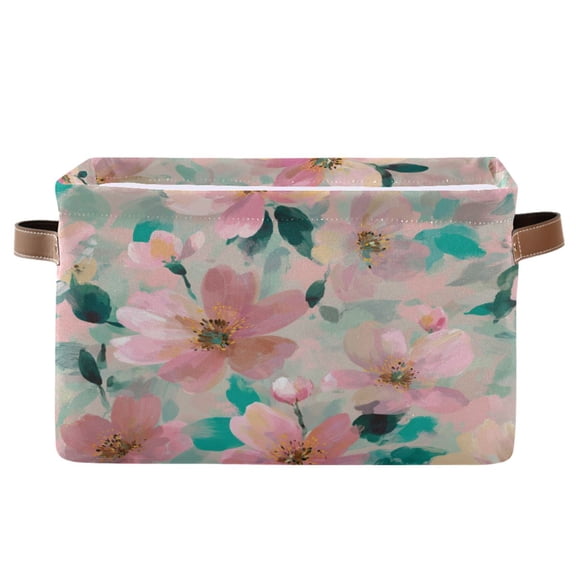 1-Pack Square Closet Organizers with Handles Open Basket Bins Coral Floral Print Storage Basket for Home Office