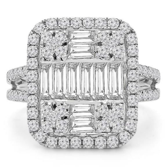 Majesty Diamonds MD190285-5.25 2 CTW Baguette Diamond Vintage Cluster Cushion Halo Cocktail Ring in 18K White Gold - Size 5.25