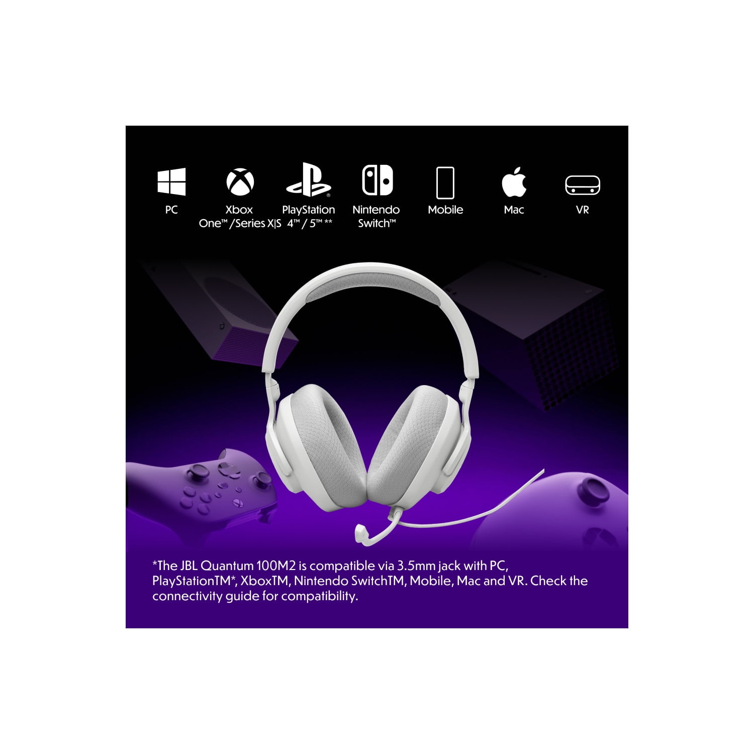 JBL Quantum 100M2 - Wired over-ear gaming headset with detachable mic and mute option - White
